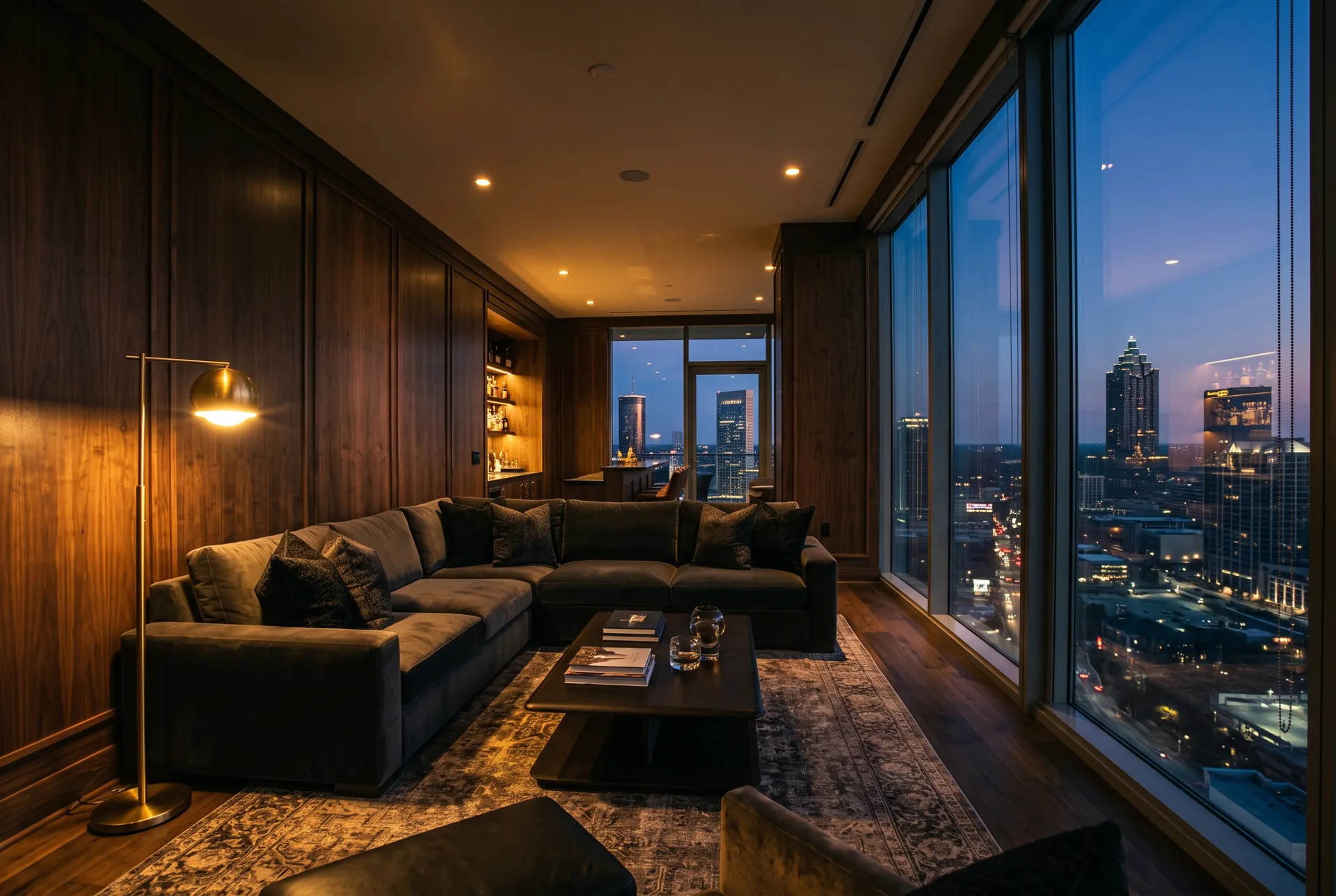 Dusk-lit penthouse lounge with walnut walls and the Atlanta skyline through the window