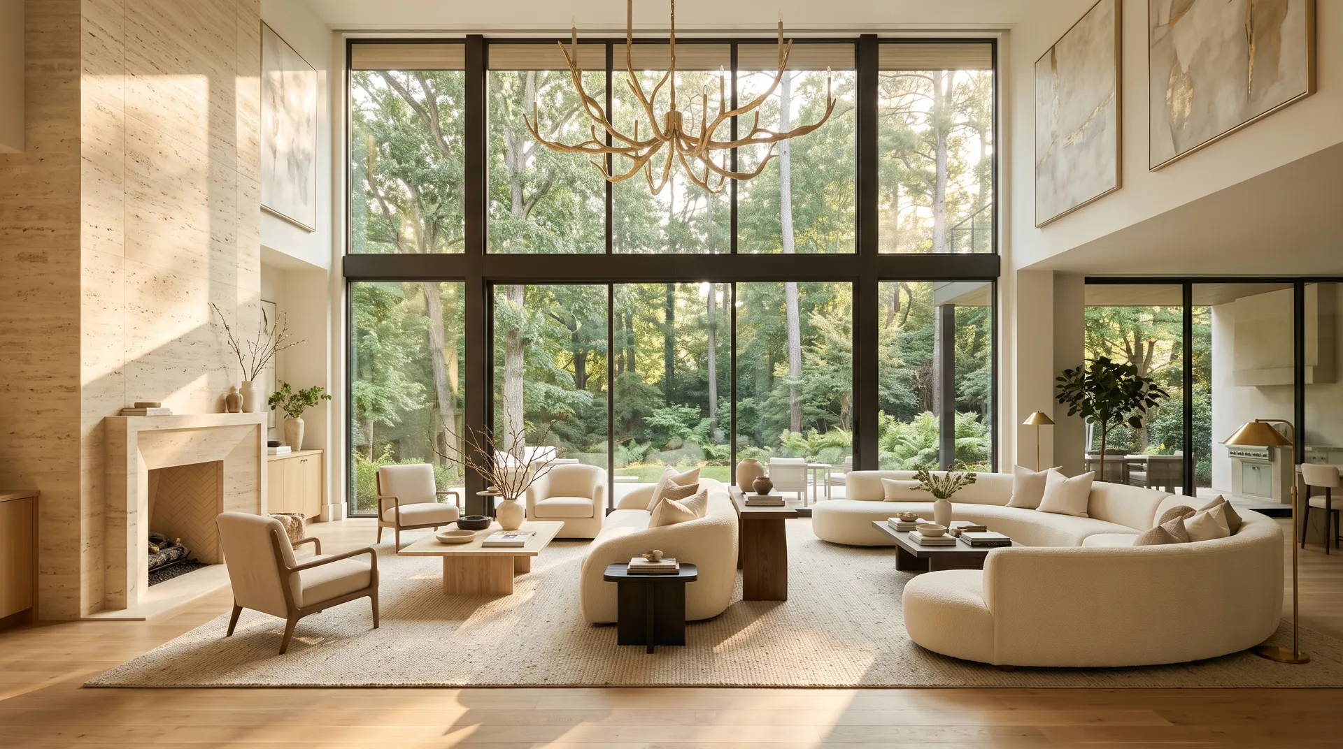 Sunlit double-height great room with floor-to-ceiling glass, cream sofas and a brass chandelier