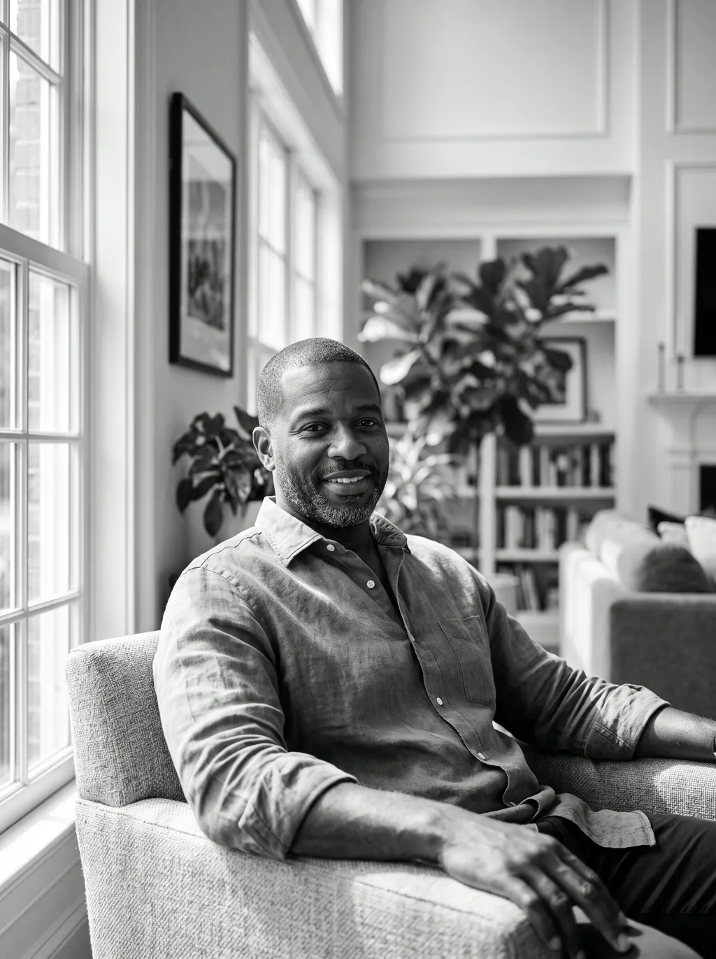 A homeowner in the sunlit living room of their new Atlanta home, in black and white